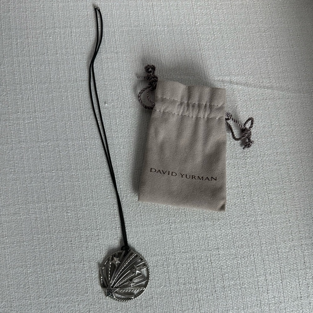 David Yurman silver tone pendant on black silken string statement necklace